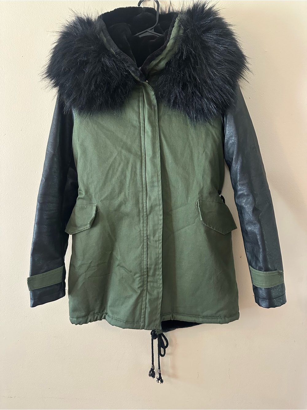 Mary Quant Army Green Parka Jacket with Black Faux Fur & Leather Trim, Sz S